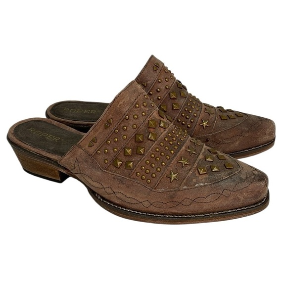 ROPER Shoes Studded Mules Brown Distressed Leather Embroidered NWT Size 9 - Picture 1 of 12
